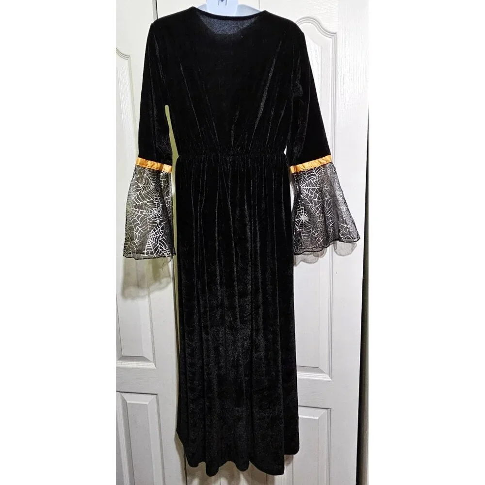 Witch Costume Girls 10-12 Orange Black Satin Velvet Dress Hat Pretty Halloween